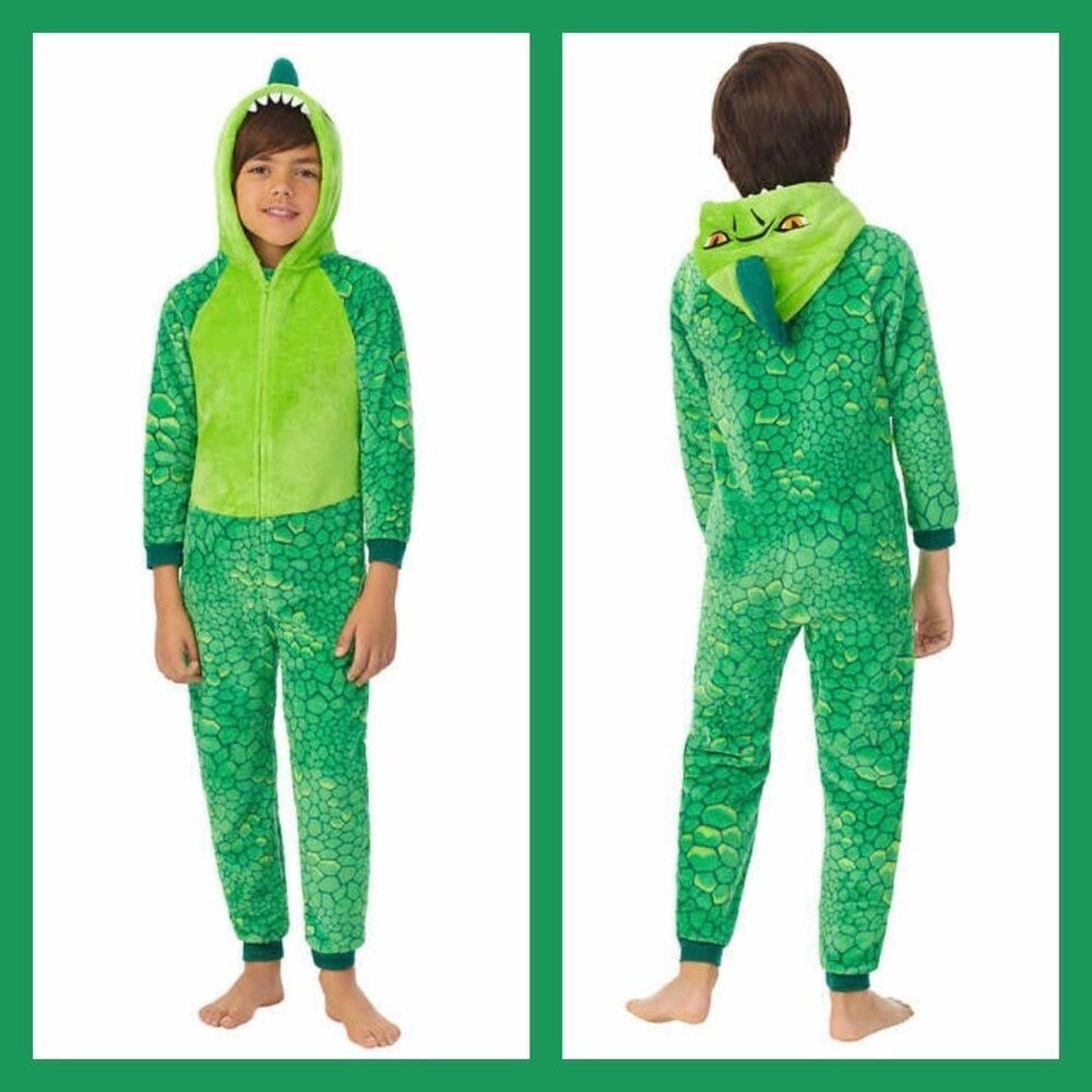 Boy Fleece Green Dinosaur One Pc Hood Jumpsuit PJ XS 5 6 Sleep Reptile Saint Eve